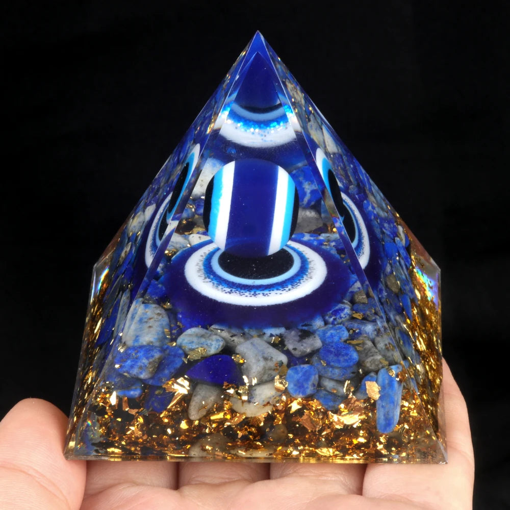 Crystal Devil's Eye Pyramid Natural Crushed Stone Lapis Lazuli Dropping Resin Home and Office Desktop Decoration Crafts 6x6cm
