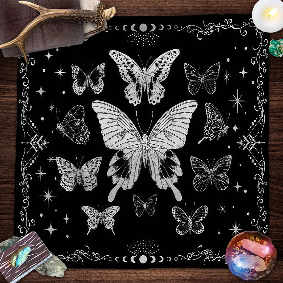 Pink Butterfly Moon Phase Floral Tarot Card Tablecloth  Altar Cloth Witchcraft Astrology Oracle Divination Cloth Home Decor