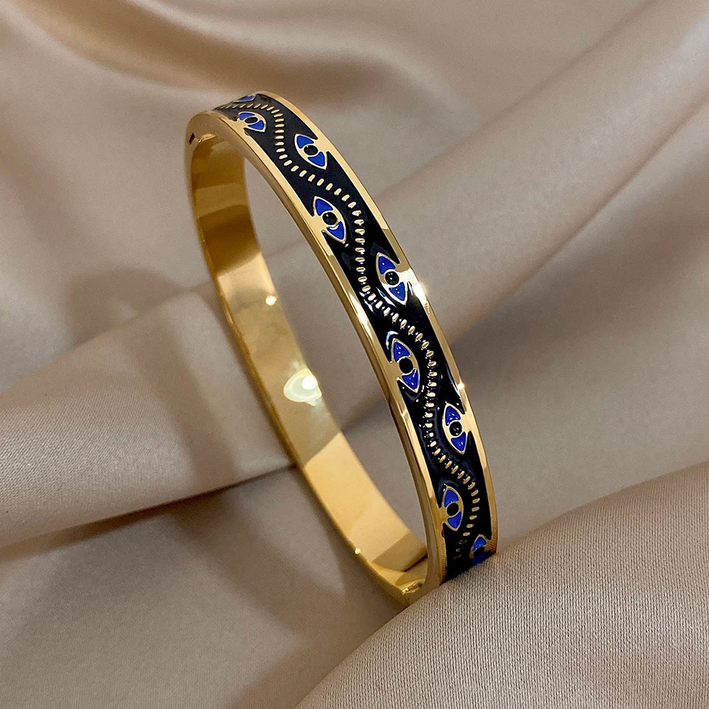 Greatera Turkish Evil Eye Pattern Stainless Steel Cuff Bracelet Bangle for Women Black Enamel Gold Color Metal Bracelets Jewelry