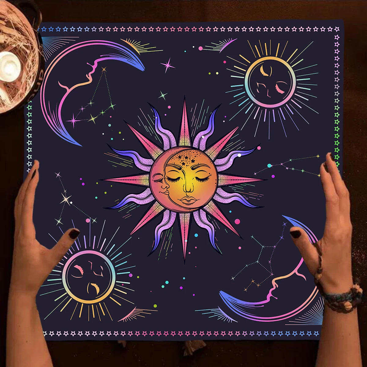 Sun & Moon Mandala Tarot Tablecloth Vibrant Starry Sky Altar Decor For Divination Ritual Cloth Floral Tarot Card Mat Tapestry
