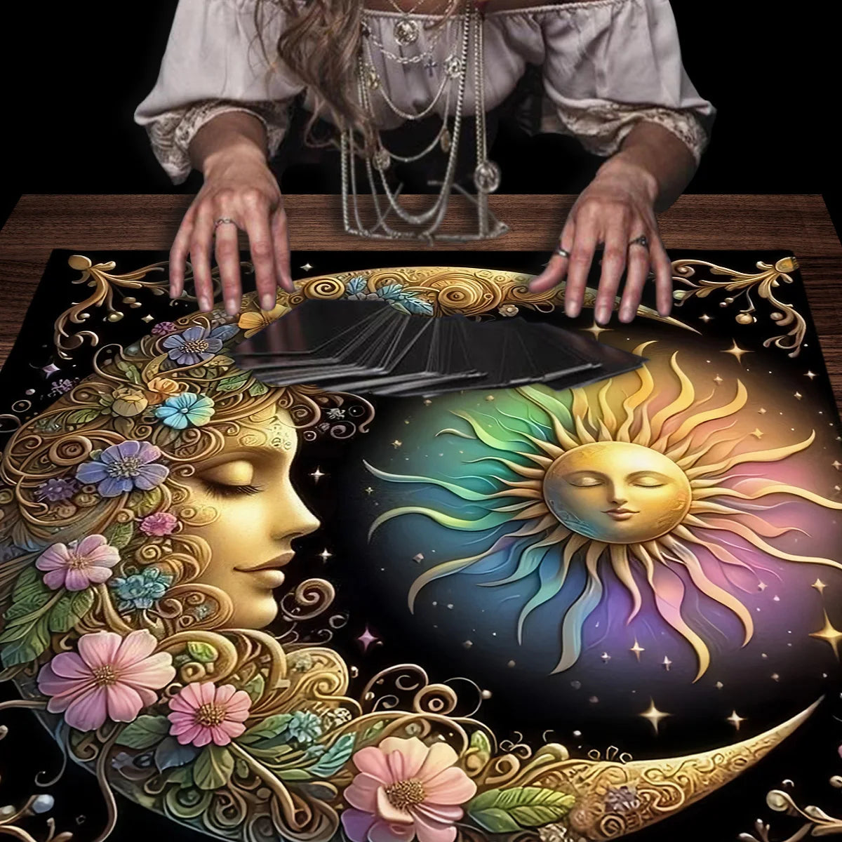 Sun & Moon Mandala Tarot Tablecloth Vibrant Starry Sky Altar Decor For Divination Ritual Cloth Floral Tarot Card Mat Tapestry