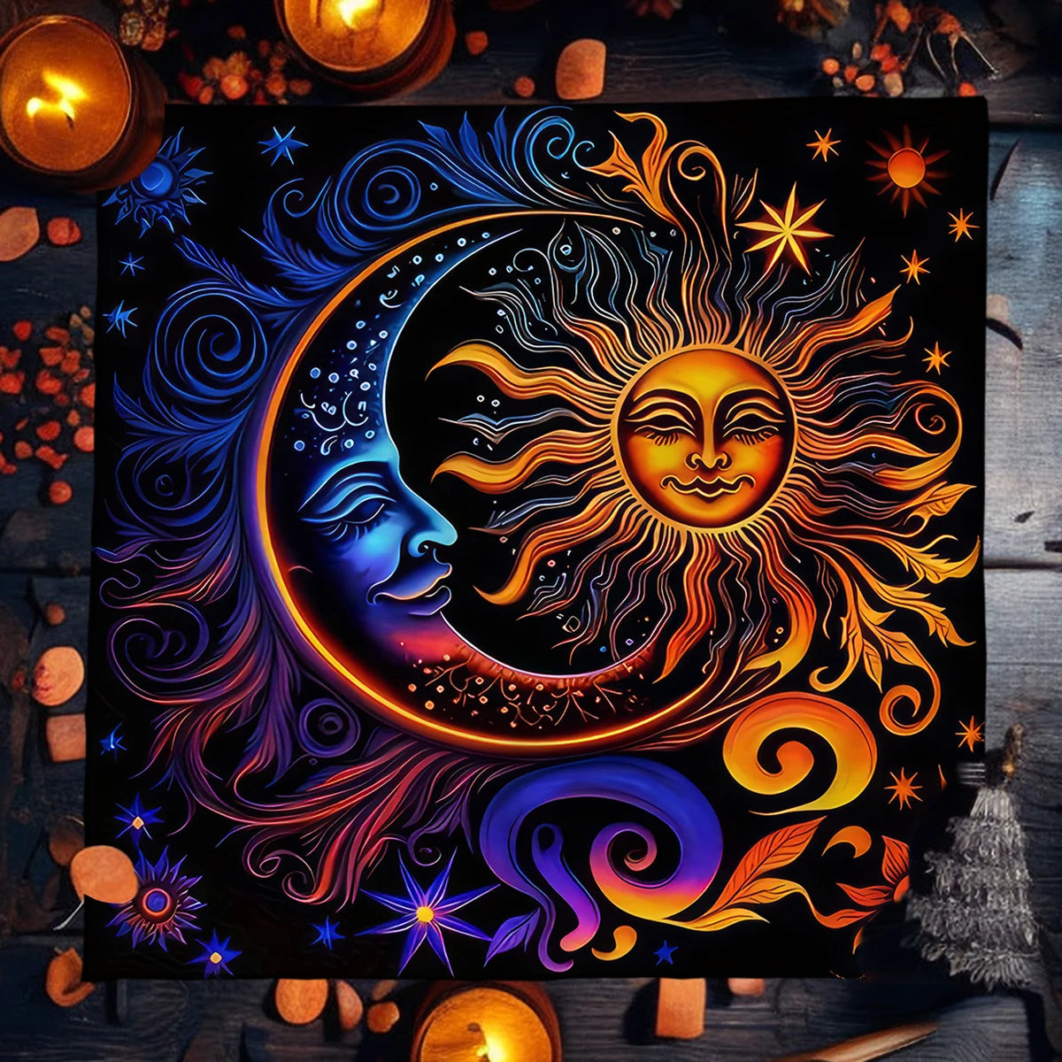 Sun & Moon Mandala Tarot Tablecloth Vibrant Starry Sky Altar Decor For Divination Ritual Cloth Floral Tarot Card Mat Tapestry