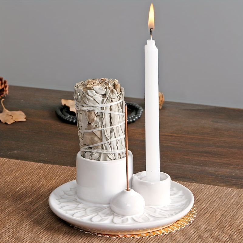 [Morandi-Inspired Ceramic Holder] 4-in-1 Ceramic Candle Holder & Incense Burner - Morandi-Inspired, High-Quality, Multifunctional Boho Home Decor - Palo Santo & Sage Holders, Includes Applicator Sticks for Aromatherapy and Sm