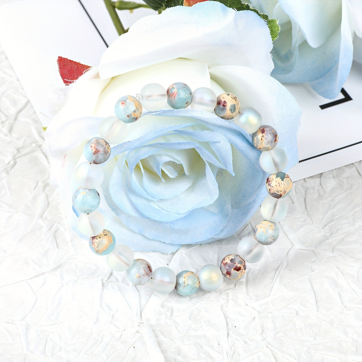 Genuine Aura Quartz And Natural Sea Sediment Bead Stackable Bracelet, Unisex, Couple, Men And Women Accessory - Perfect Valentine'S Day Jewelry Gift For Loved Ones, Friends And Family