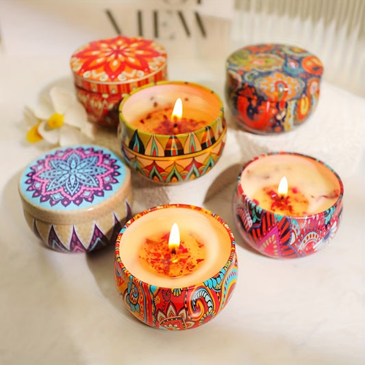 4pcs Scented Candle Set in Decorative Paisley Jars - Jasmine, Sandalwood, Orchid, Rose Fragrances - Ideal for Relax, Relaxation, Bathing, Yoga - Colorful Floral Patterns - Perfect Holiday Gift
