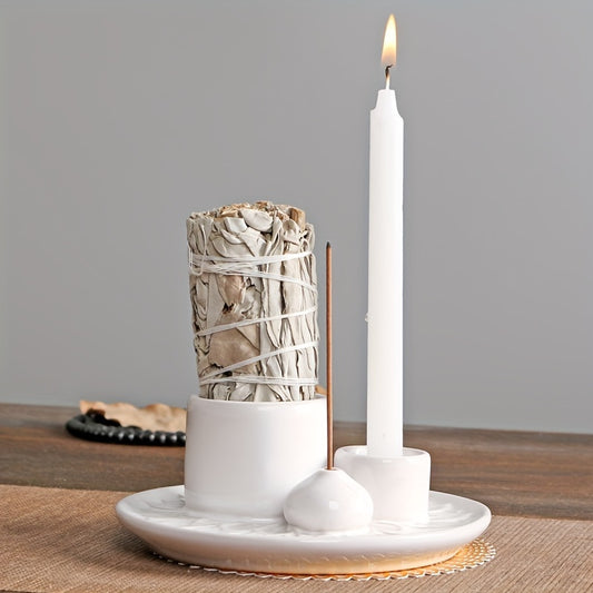 [Morandi-Inspired Ceramic Holder] 4-in-1 Ceramic Candle Holder & Incense Burner - Morandi-Inspired, High-Quality, Multifunctional Boho Home Decor - Palo Santo & Sage Holders, Includes Applicator Sticks for Aromatherapy and Sm