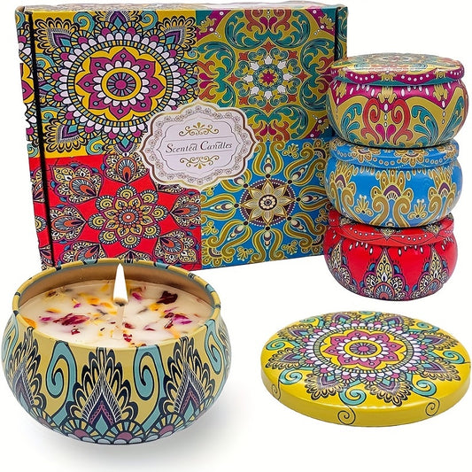 4pcs Scented Candle Set in Decorative Paisley Jars - Jasmine, Sandalwood, Orchid, Rose Fragrances - Ideal for Relax, Relaxation, Bathing, Yoga - Colorful Floral Patterns - Perfect Holiday Gift