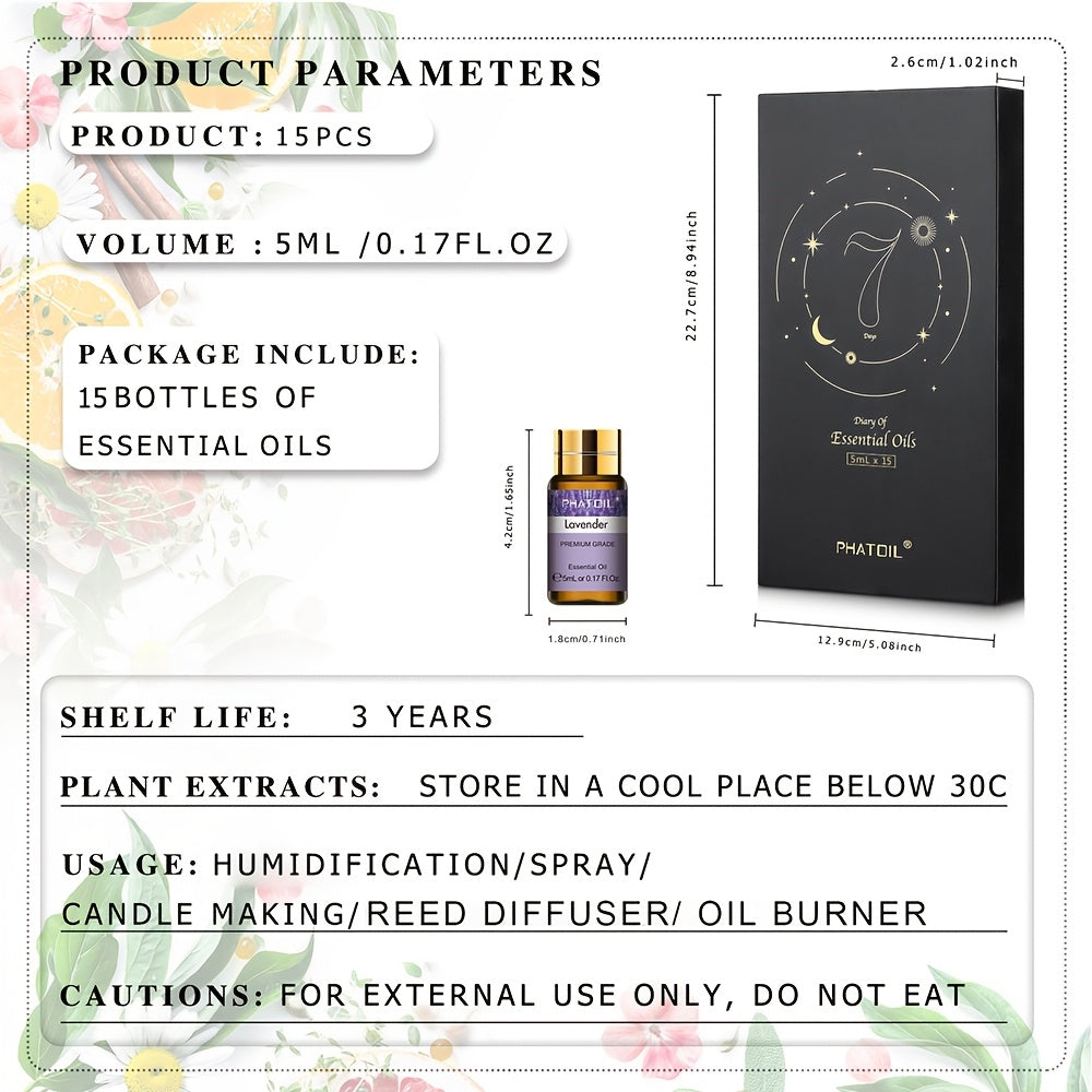PHATOIL Essential Oils Gift Set 15pcs 5ml/0.17fl.oz -Essential Oil Kit for Diffuser, Humidifier, Candle Making -Best Easter Gifts, Mother's Day Gifts, Thanksgiving Gifts, Christmas Gifts, Valentine's Day Gifts -for Lover, Fam