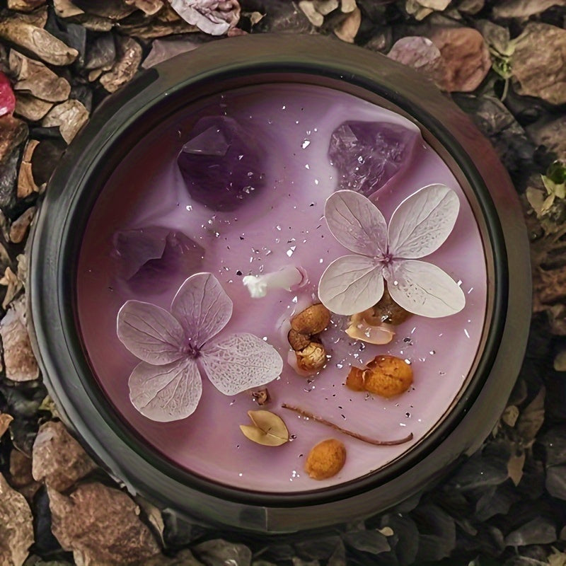Elegant Lavender Scented Candle in Black Tin - Aesthetic Purple Crystals & Petals Design, Soft Fragrance Natural Soy Wax - Ideal for Relaxation & Home Decor, Perfect Women's Gift, Relaxation Candle|Spa Atmosphere Candle|Black